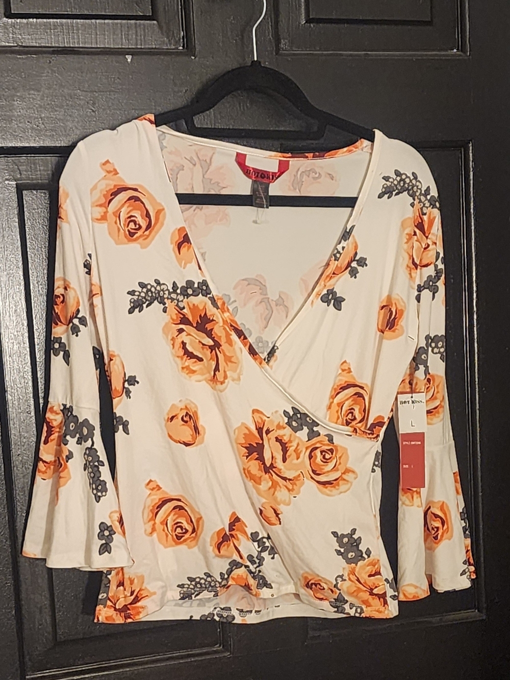 Hot Kiss Cream Floral Wrap Blouse with Orange Rose Print